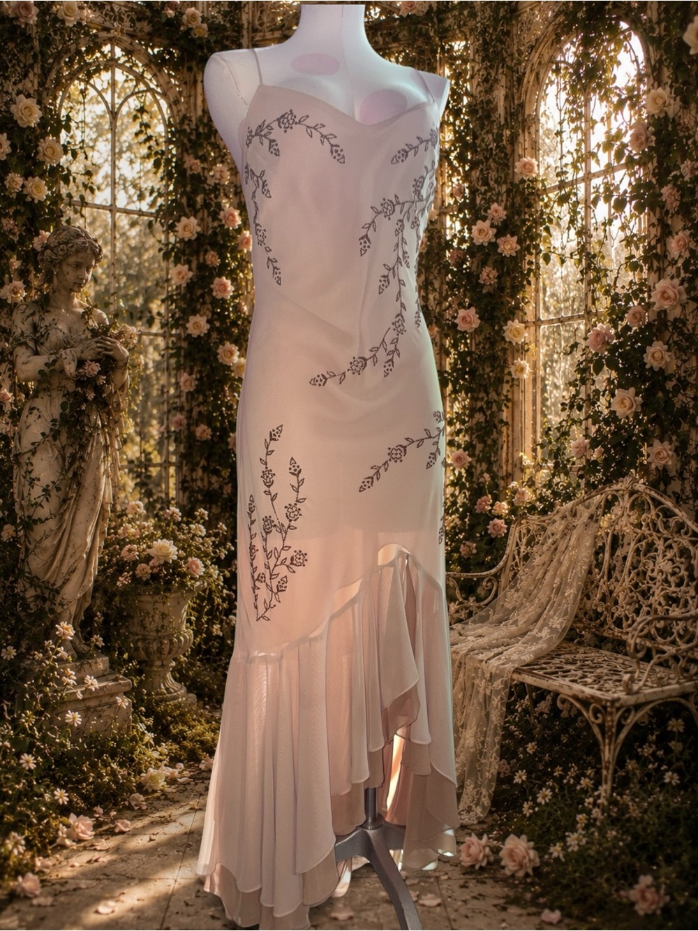 Fanny USA Vintage Cream Blush Floral Beaded Asymmetrical Ruffle Slip Dress